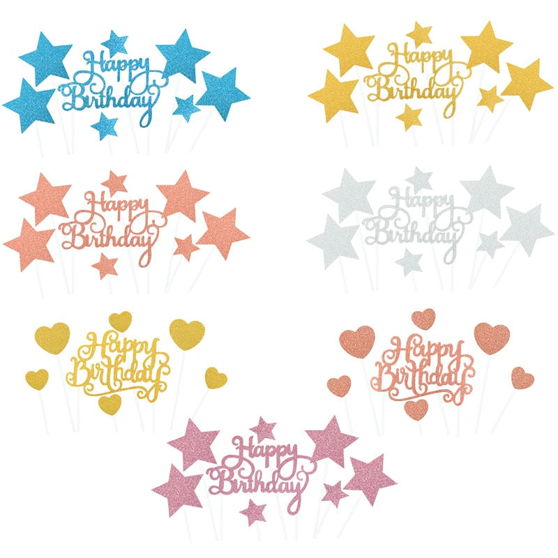 1 Set Creative Glitter Happy Birthday Cake Topper Heart Star Cupcake Topper For Birthday Party Baby Shower Cake Decor Supplies-PartyDecorHQ