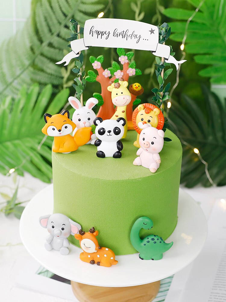 Woodland Animals Cake Decor Soft Clay Lion Elephant Tiger One st Jungle Safari Topper Happy Birthday Party Kids 