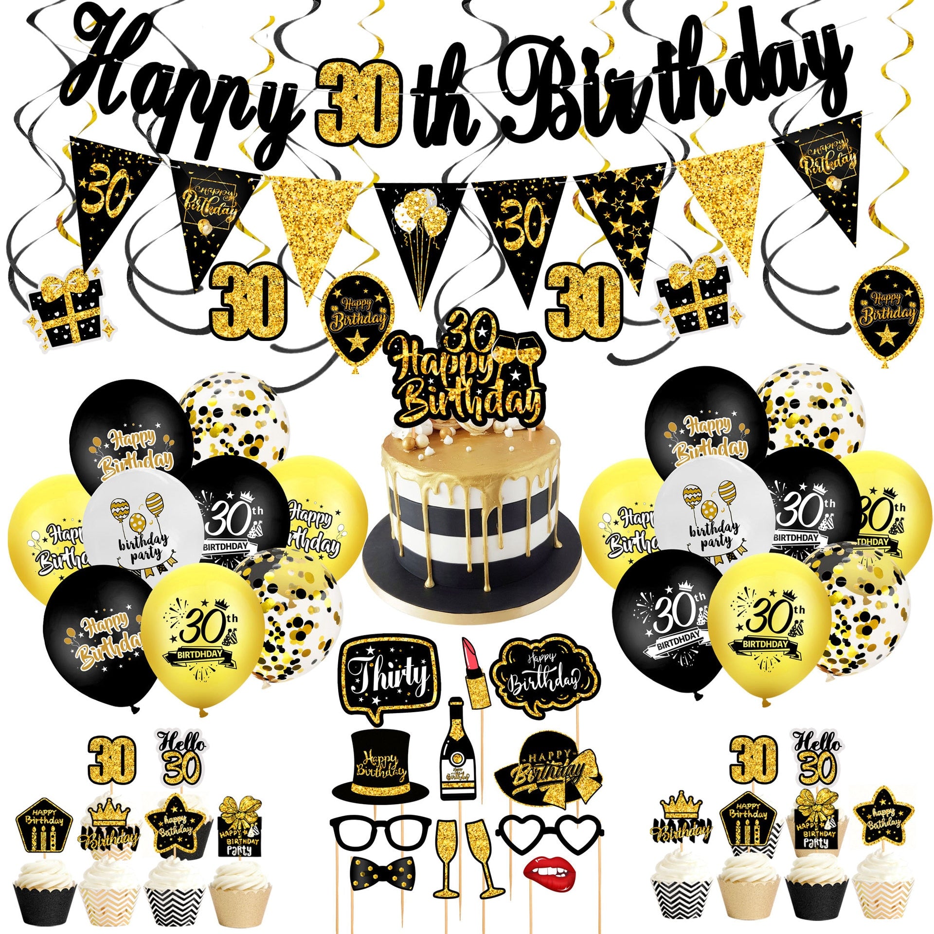 Birthday Balloon Arch Kit Back Gold Glitter Banner Photo Props CakeTopper Men Women th Party Decoration 