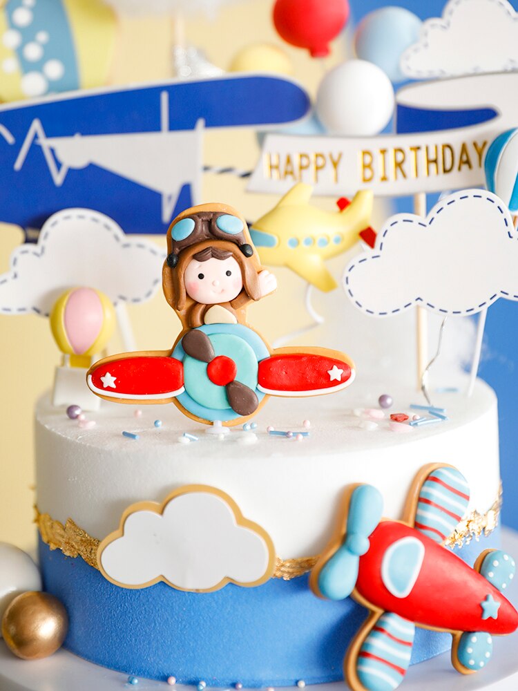 Cartoon Cloud Fighter Windmill Pilot Girl Boy Happy Birthday Cake Topper Baking Suplies Party Decoration Kid Sweet Gifts 