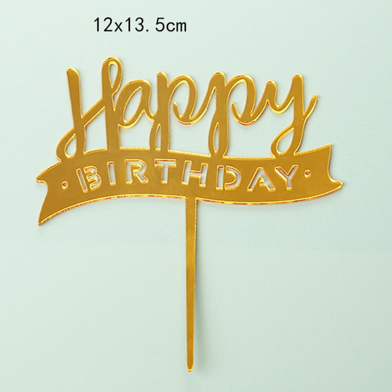 PC Happy Birthday Cake Topper Gold Black Silver Acrylic Flag Personalise happy birthday Letter Toppers Baking Decoration 