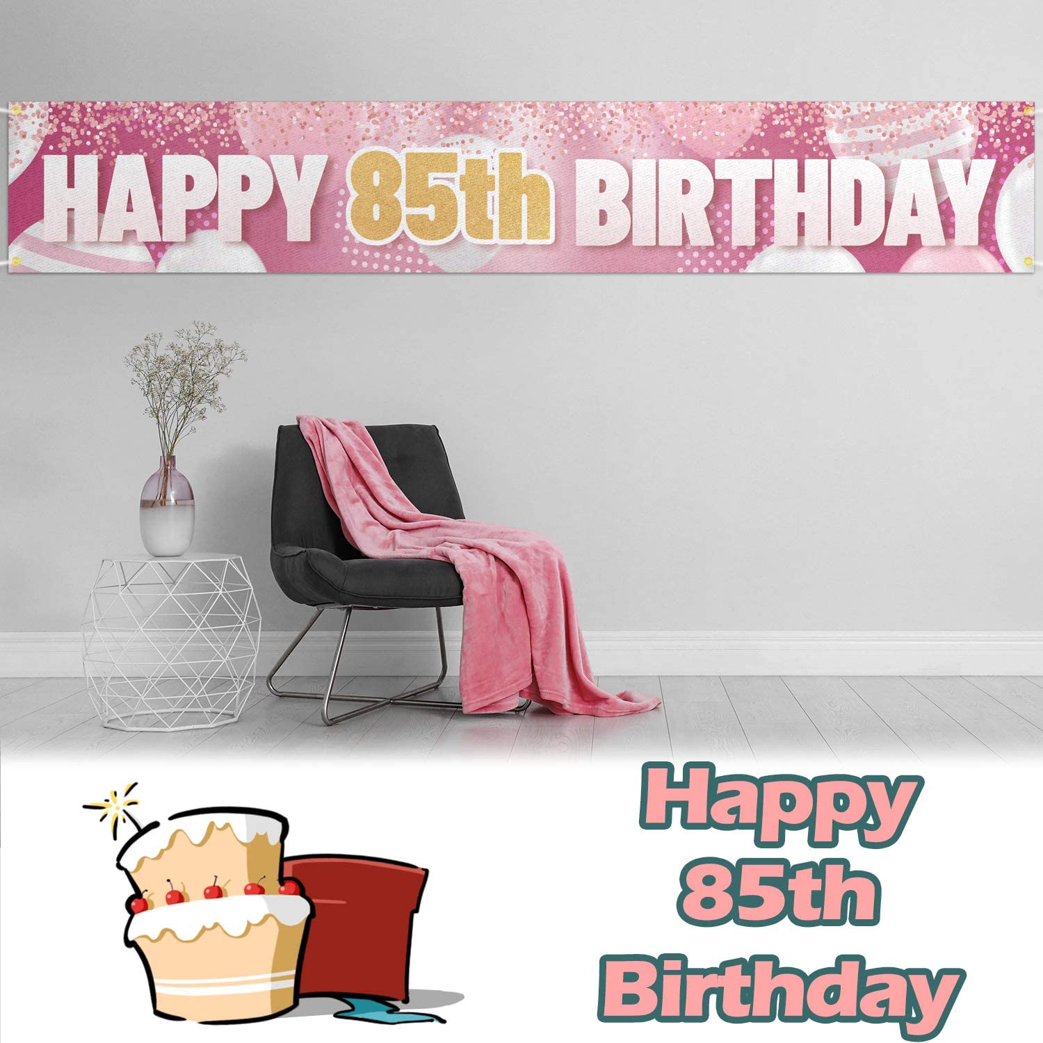 Large Sign Happy 85th Birthday Banner Pink - Cheers to 85 Years Old Decor Birthday party decoration banner 85th party PartyDecorHQ