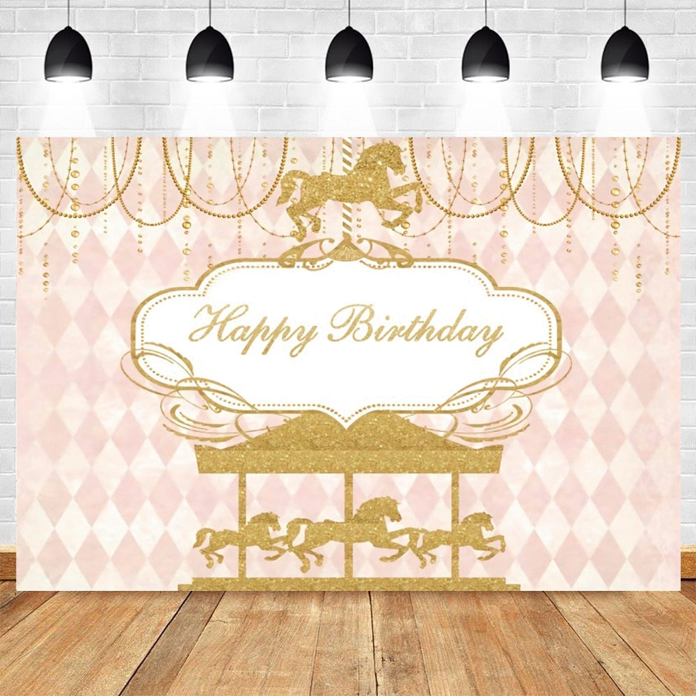 Happy Birthday Carousel Horse Photography Baby Party Decor Backdrop Photocall Background Photophone Photographic Photo Studio 