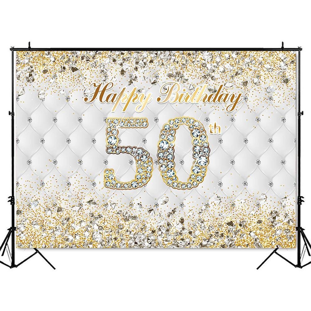 th Gold Birthday Backdrop White Heardboard Women Party Decoration Banner Fifty Golden Photocall 