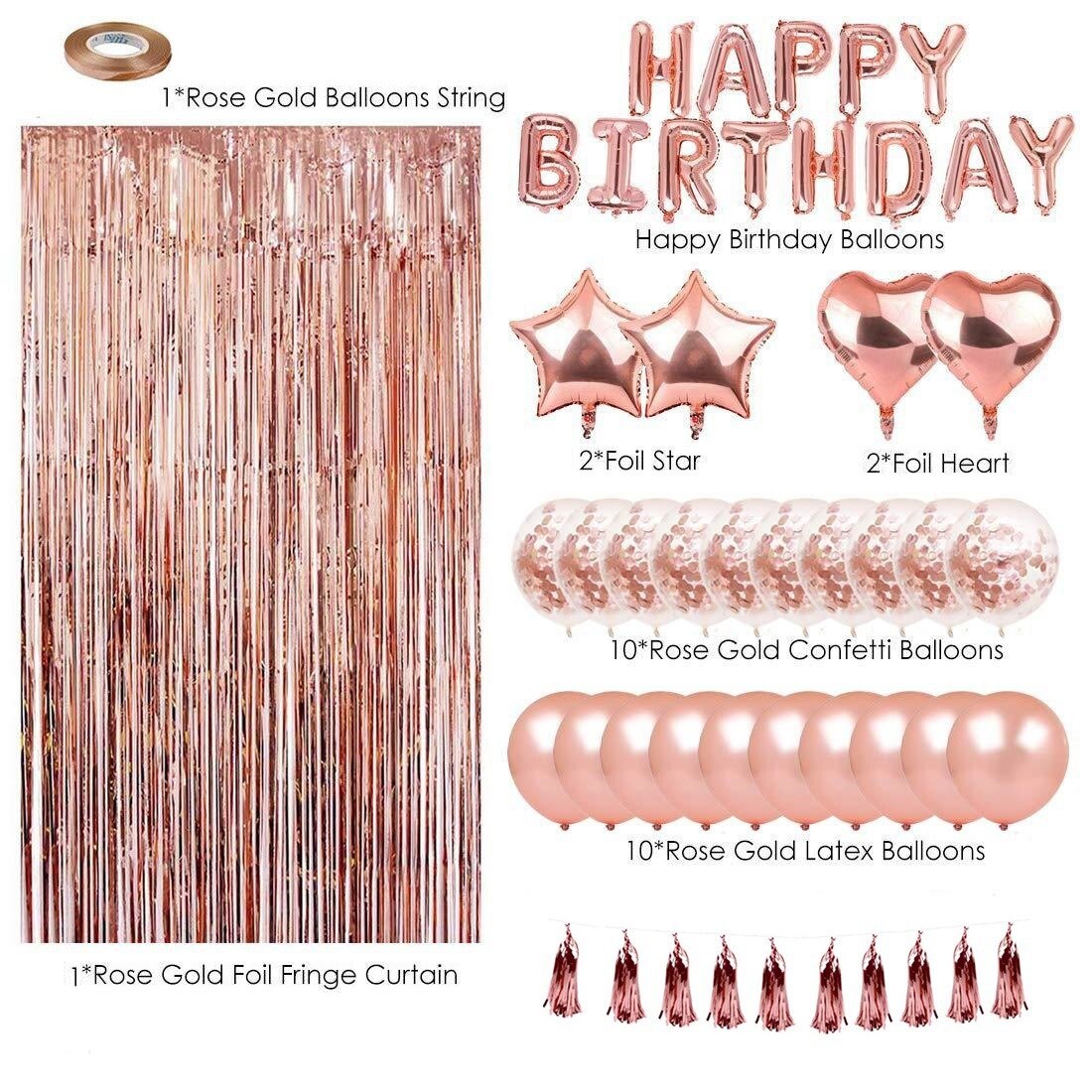 Rose Gold Happy Birthday Letter Aluminum Film Balloon Confetti Balloon Set Tassel Rain Silk Curtain for Women Party Decoration PartyDecorHQ