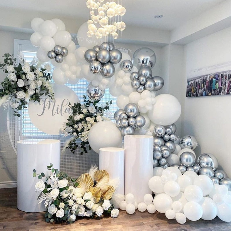 pcs White Silver Metallic Balloons Garland Arch Kit Ball Baby Shower Wedding Decoration Background Wall Party Supplies Inflatable Decorations