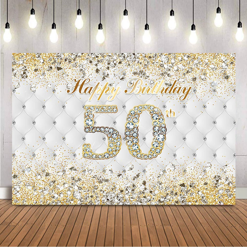 th Gold Birthday Backdrop White Heardboard Women Party Decoration Banner Fifty Golden Photocall 