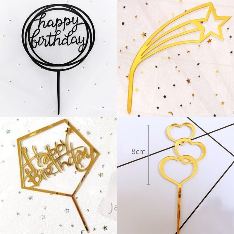 Happy Birthday Love Flag Cake Topper Acrylic Letter Gold Silver Top Decoration Party Wedding Supplies 