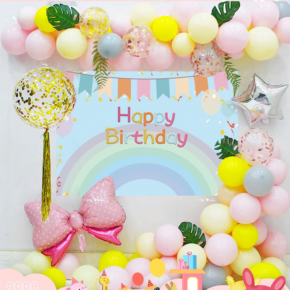 Birthday Party Decoration Pink Yellow Bowknot Star Foil Balloon Palm Leaves Background Girls Gender Reveal Baby Shower 