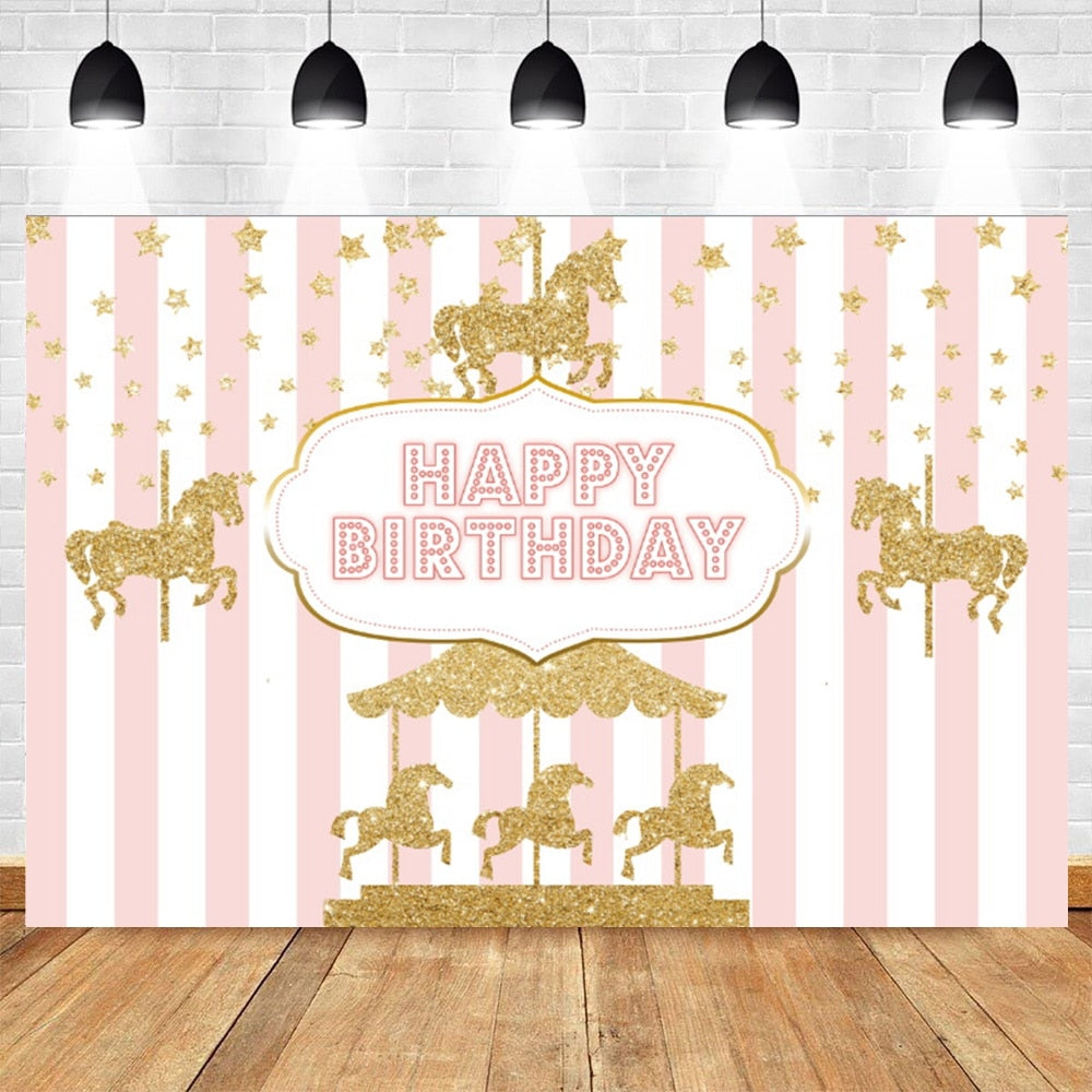 Happy Birthday Carousel Horse Photography Baby Party Decor Backdrop Photocall Background Photophone Photographic Photo Studio 