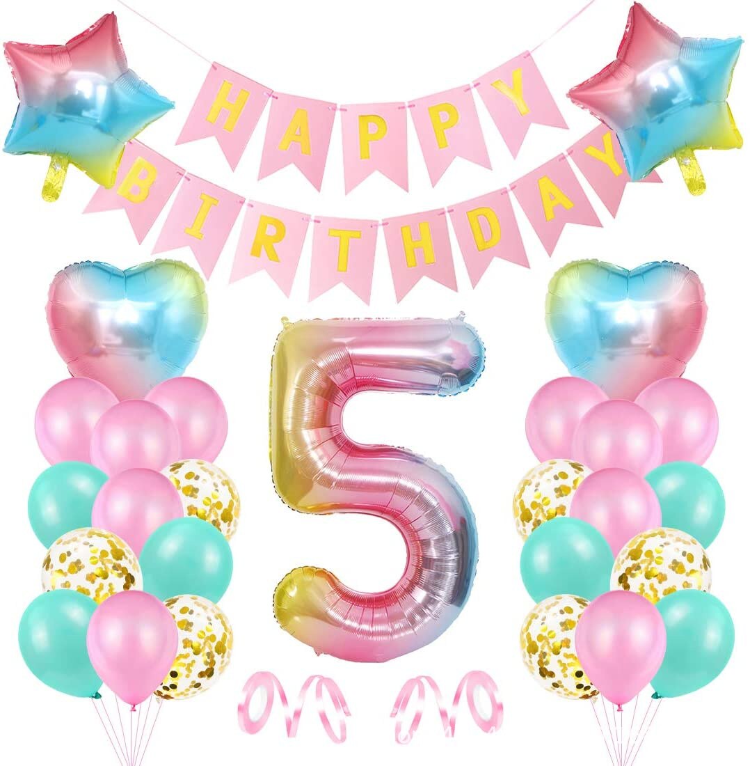 Gradient  Happy Birthday Balloon Set Decor 1-9 Years with Banner for Girls 1st 2nd 3rd Birthday Party Supplies Number Optional PartyDecorHQ