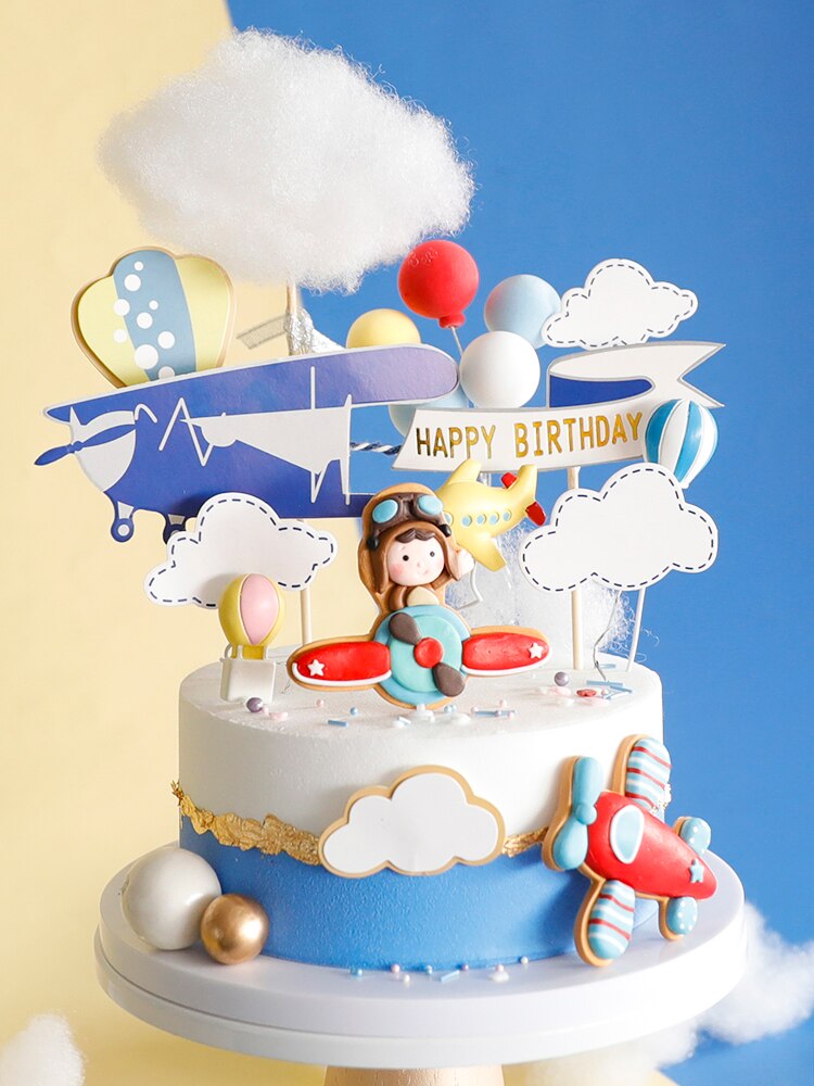 Cartoon Cloud Fighter Windmill Pilot Girl Boy Happy Birthday Cake Topper Baking Suplies Party Decoration Kid Sweet Gifts 