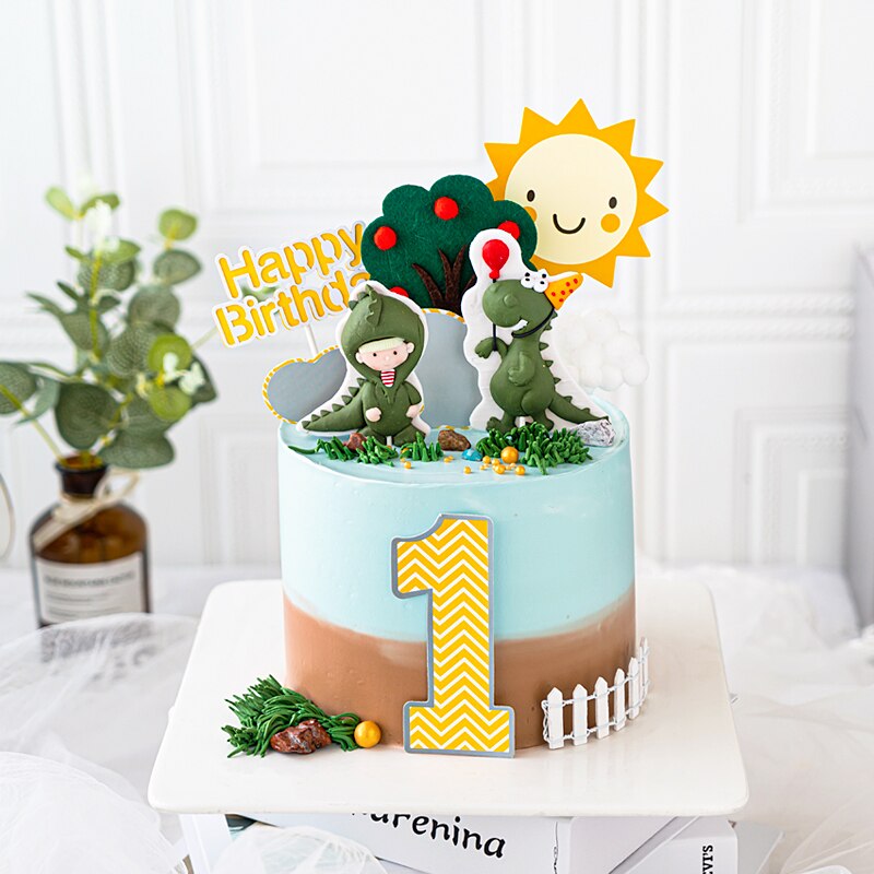 Lovely Dinosaur Baby Birthday Cake Decoration Soft pottery Dino Baby One year old Baking Cakes Dessert Topper Top Insert Gifts PartyDecorHQ