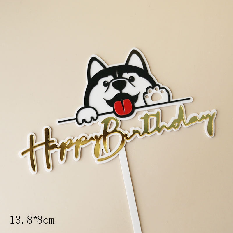 Acrylic Happy Birthday Cake Topper Husky dog Flags Crown Stars Decoration Lovely Cartoon puppy Baby Kid Party Cakes Gifts 