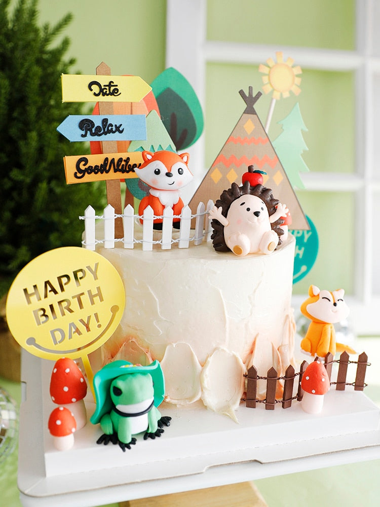 Animals Hedgehog fox frog pen Tree Cake Topper Birthday Party Decoration Baking Supplies Baby Shower Dessert Decorating 