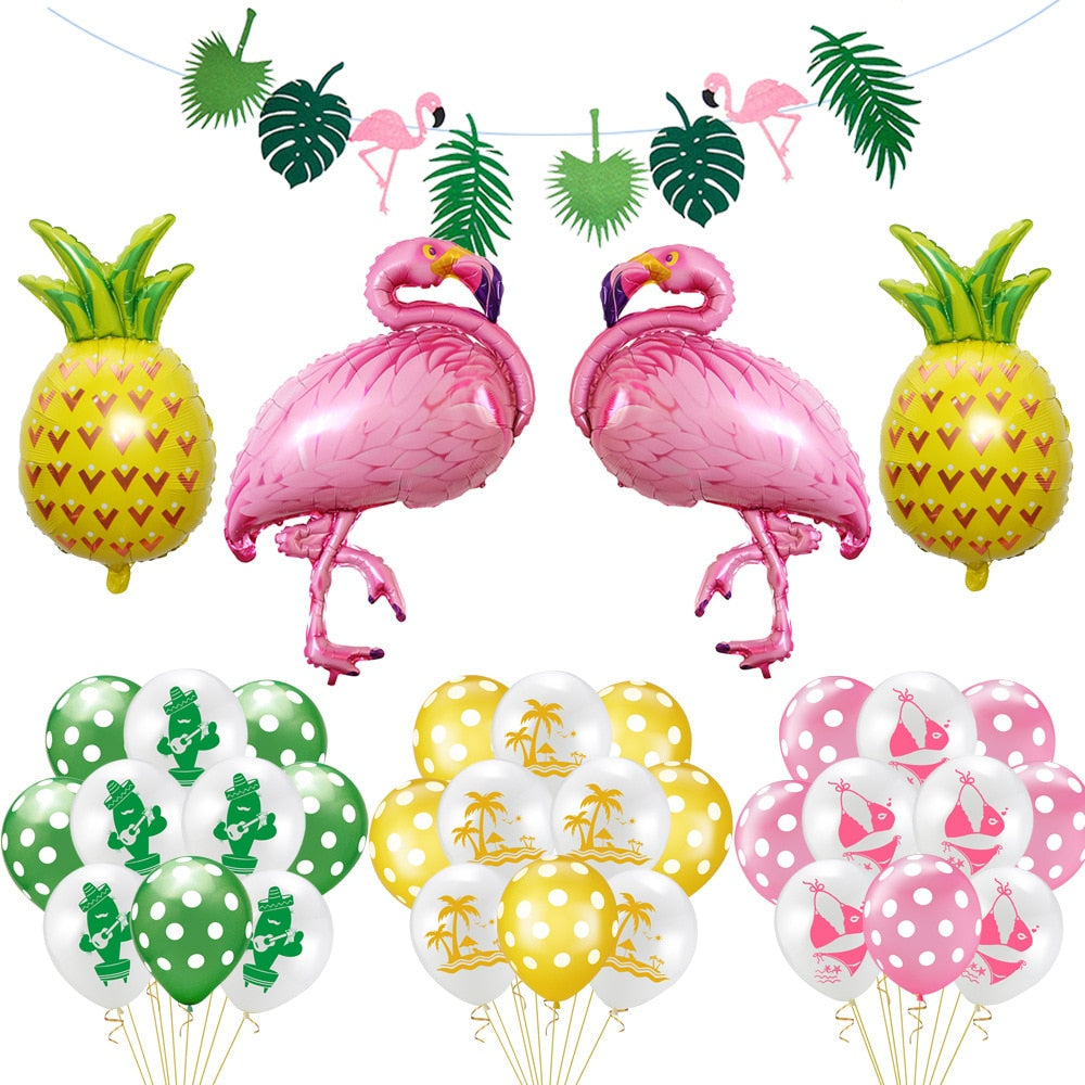 Hawaii Birthday Party Decoration Flamingo Pineapple Foil Balloon Palm Leaf Banner Girls Summer Baby Shower Supplies 