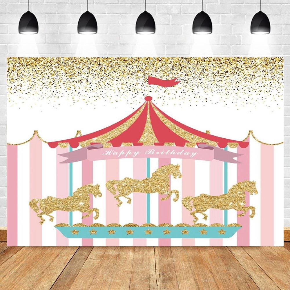 Happy Birthday Carousel Horse Photography Baby Party Decor Backdrop Photocall Background Photophone Photographic Photo Studio 