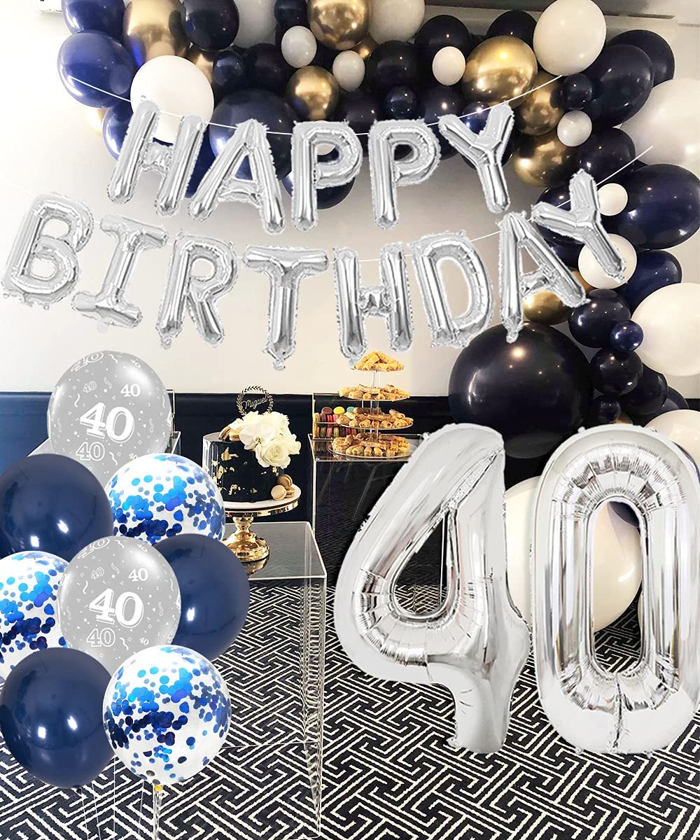 Blue Sliver Happy Birthday Balloon Banner Set with Sash Number 40 Foil Balloon for Men Women 40th Birthday Party Decoration PartyDecorHQ