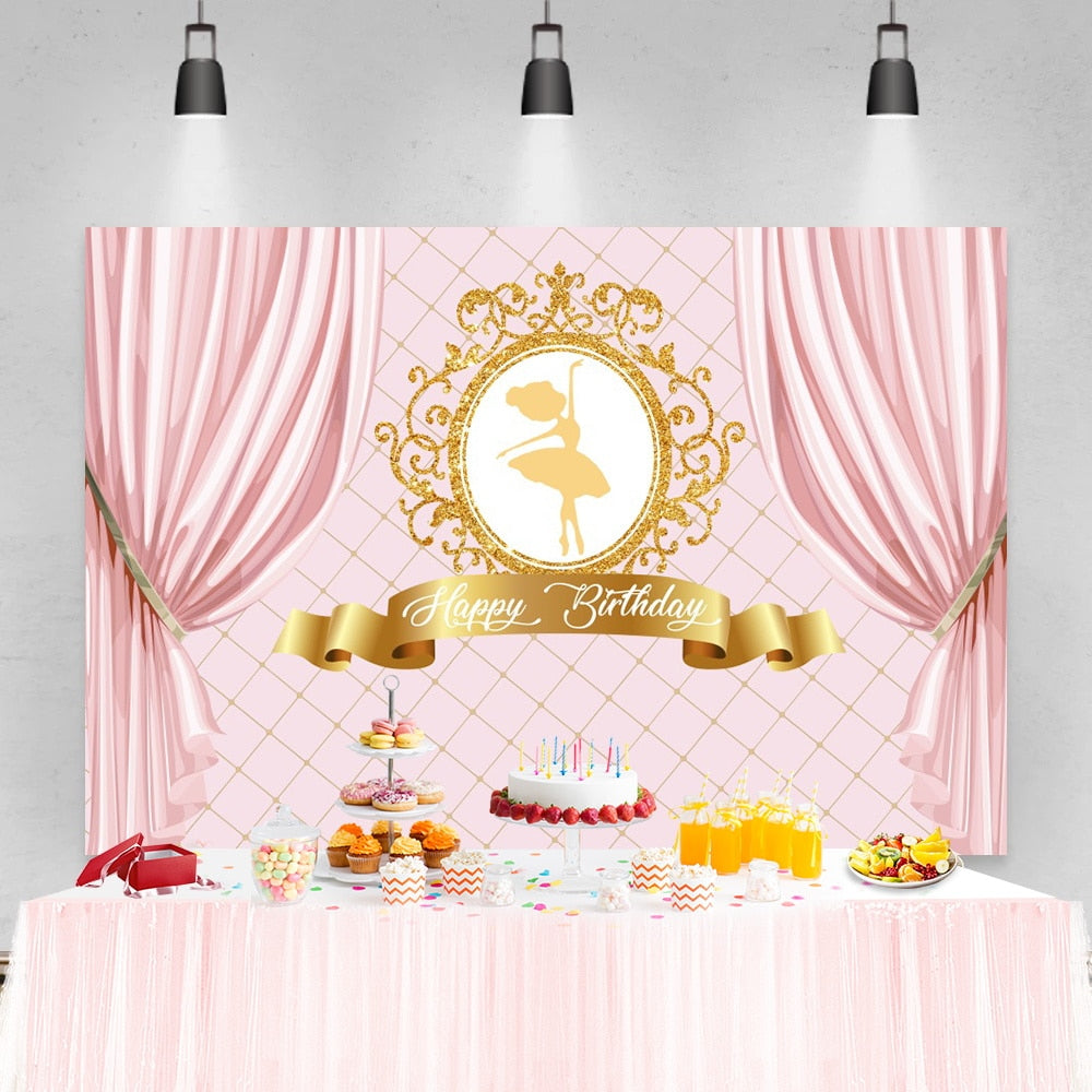 Princess Backdrop Photography Gold Crown Pink Curtain Birthday Party Baby Child Customized Poster Photozone Photo 