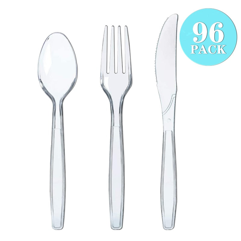 48/96/144/216pcs Plastic Cutlery Disposable Tableware Dinnerware Crystal Knife Fork Spoon For Party Household Supplies PartyDecorHQ