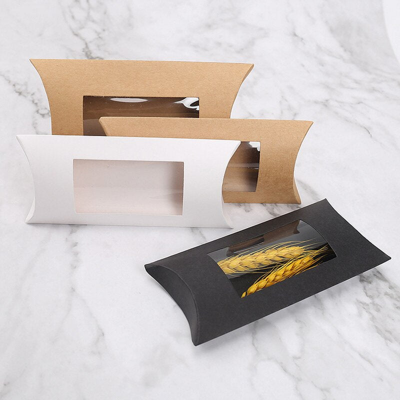 pcs Wedding Favor Candy Box Clear Window Pillow Shape Kraft Paper Chocolate Birthday Sweet Gift Packaging Bags 