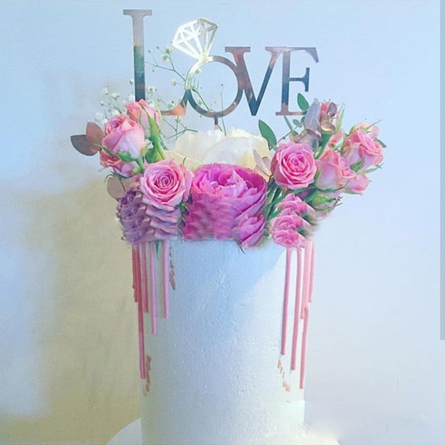 Red Handwriting Love Wedding Acrylic Cake Topper Flower Valentine's Day Cake Topper For Wedding Birthday Party Cake Decorations PartyDecorHQ