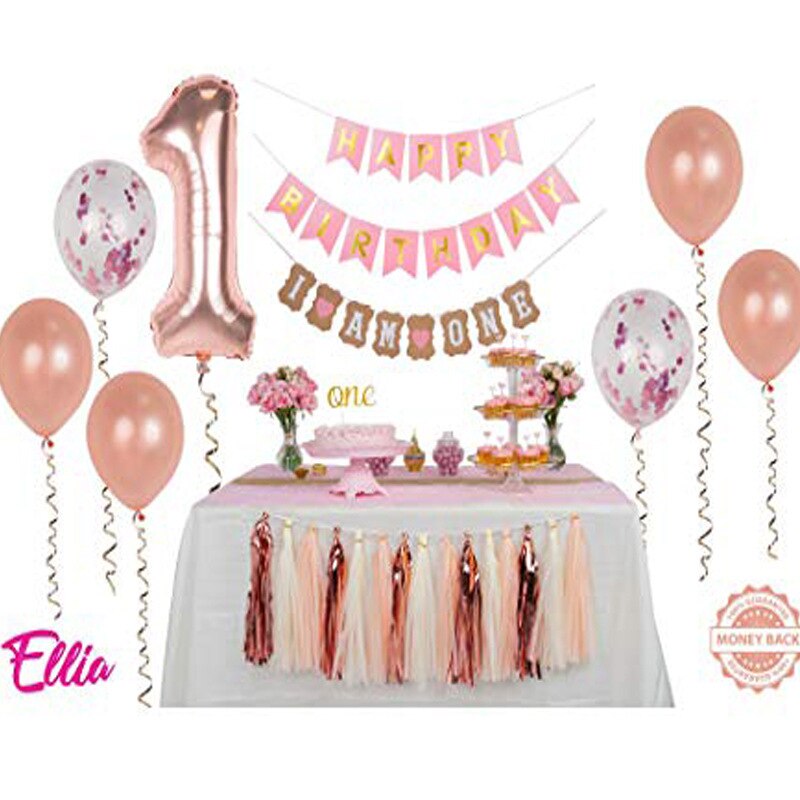 Rose Gold Balloons st Girl Birthday Party Decoration Confetti Happy Banner Baby Year Old Inflatable Decorations