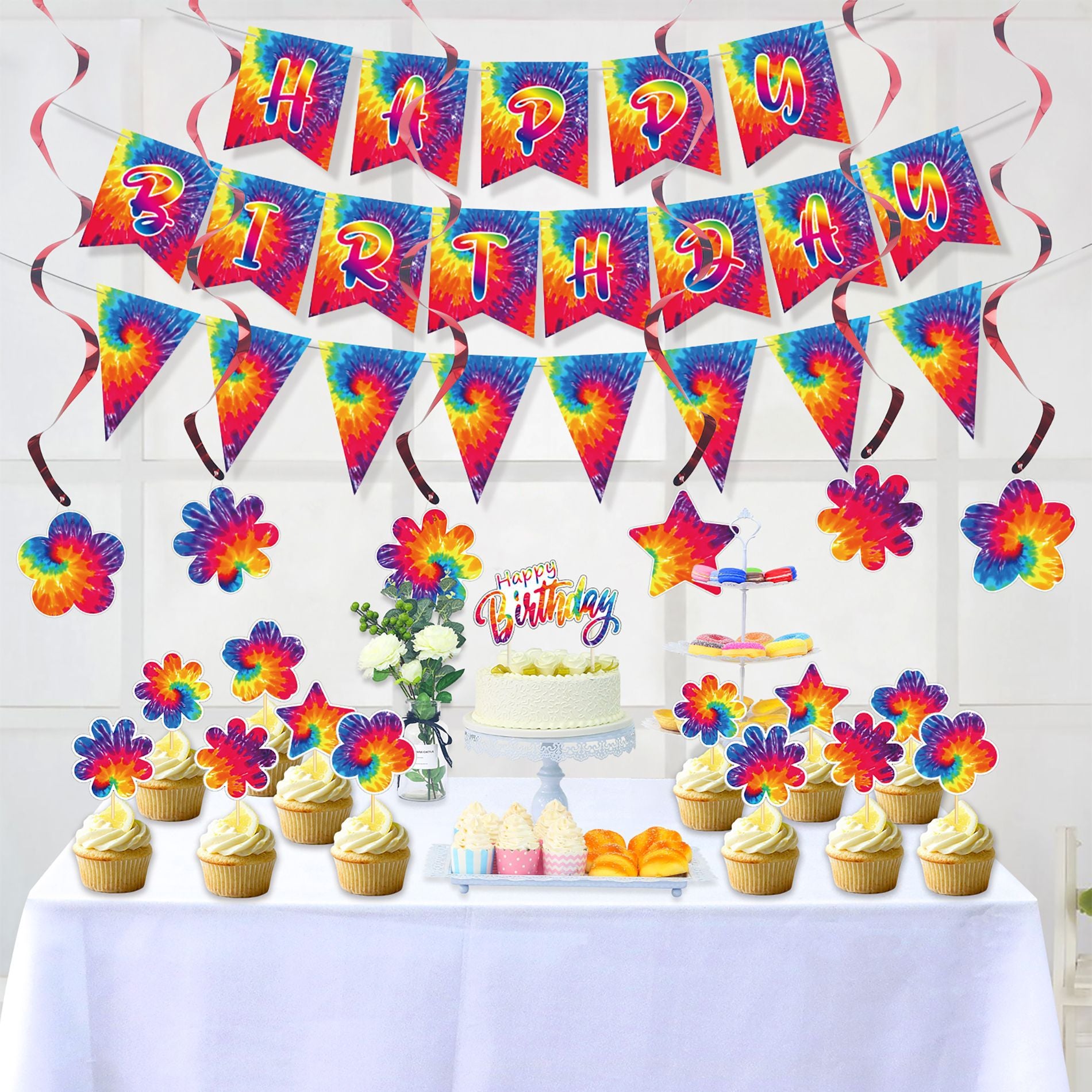 Tie-dye Theme Birthday Party Decoration Set Cake Topper Happy Banner Hanging Swirls Girls 