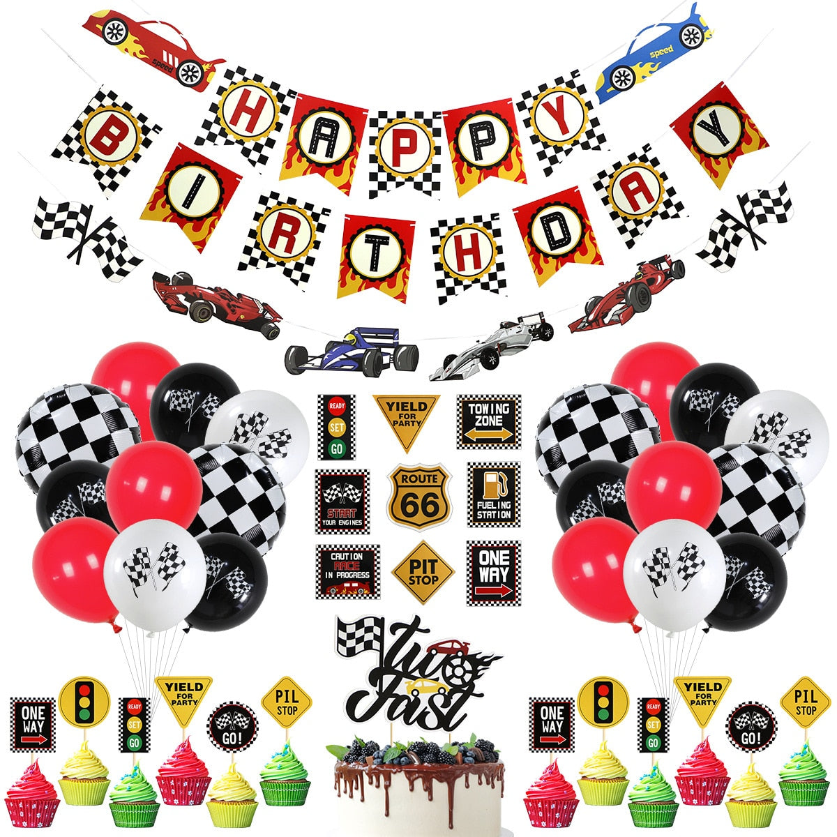 Racing Theme Birthday Party Decoration Black White Grid Balloon Set Boys Shape Cake Topper Sticker Banner 