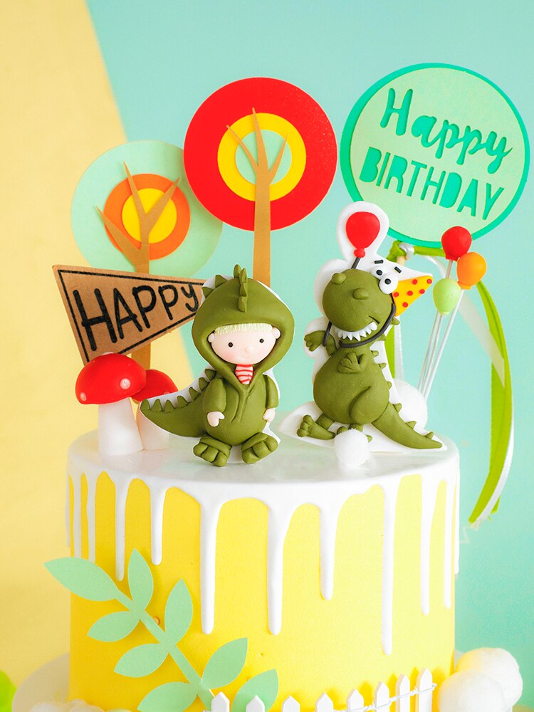 Cartoon Baby Green Yellow Dinosaur Soft pottery trees Boy's Birthday Cake Topper Dessert Decoration Decor 