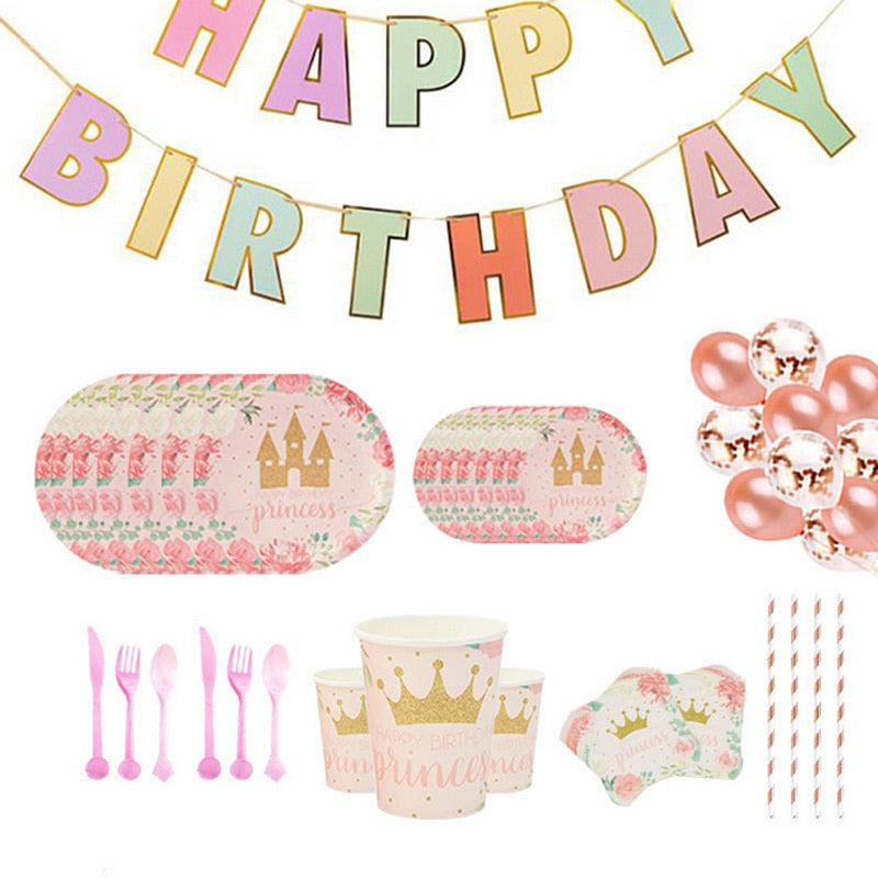 Pink Princess Crown Disposable Tableware Set Paper Plate Cup Happy Birthday Banner Adult Kids Girl Party Decoration 