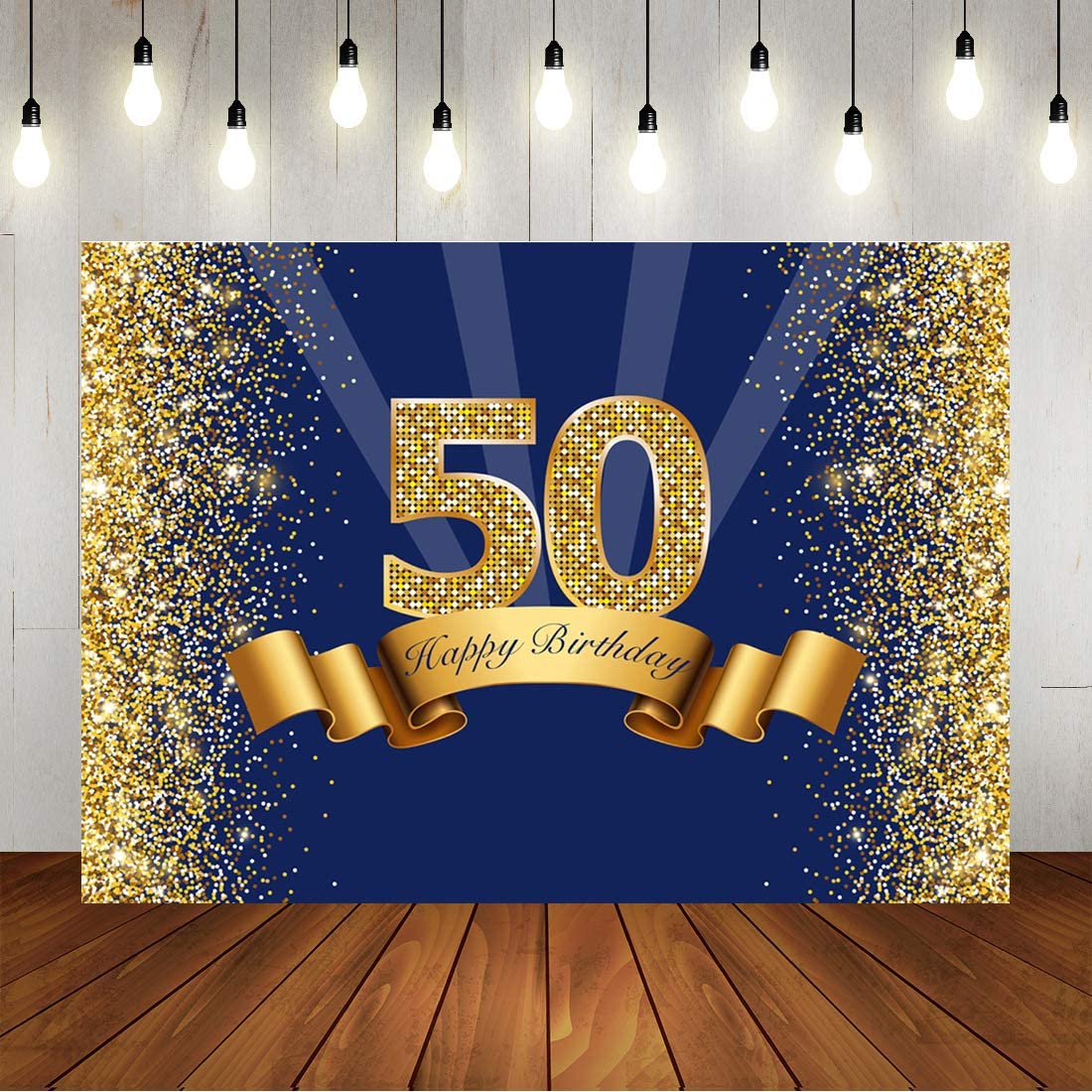 Happy th Birthday Photography Backdrop Navy Blue Glitter Gold Background Shiny Men Fifty Years Old Age Party Decorations 