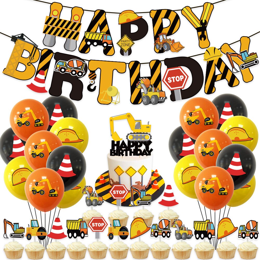 Construction Birthday Decorations Truck Banner Hat Printing Balloons Cake Toppers Boys Party 