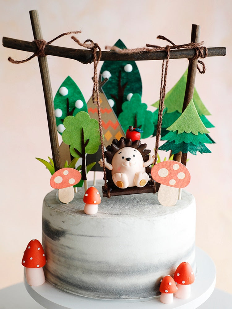 Hedgehog Swing Resin Cake Topper Birthday Party Animal Decorations Tree Hawaiian Summer Jungle Baking Decor 