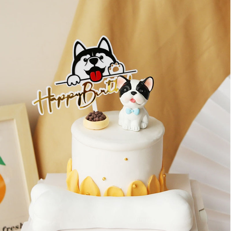 Acrylic Happy Birthday Cake Topper Husky dog Flags Crown Stars Decoration Lovely Cartoon puppy Baby Kid Party Cakes Gifts 