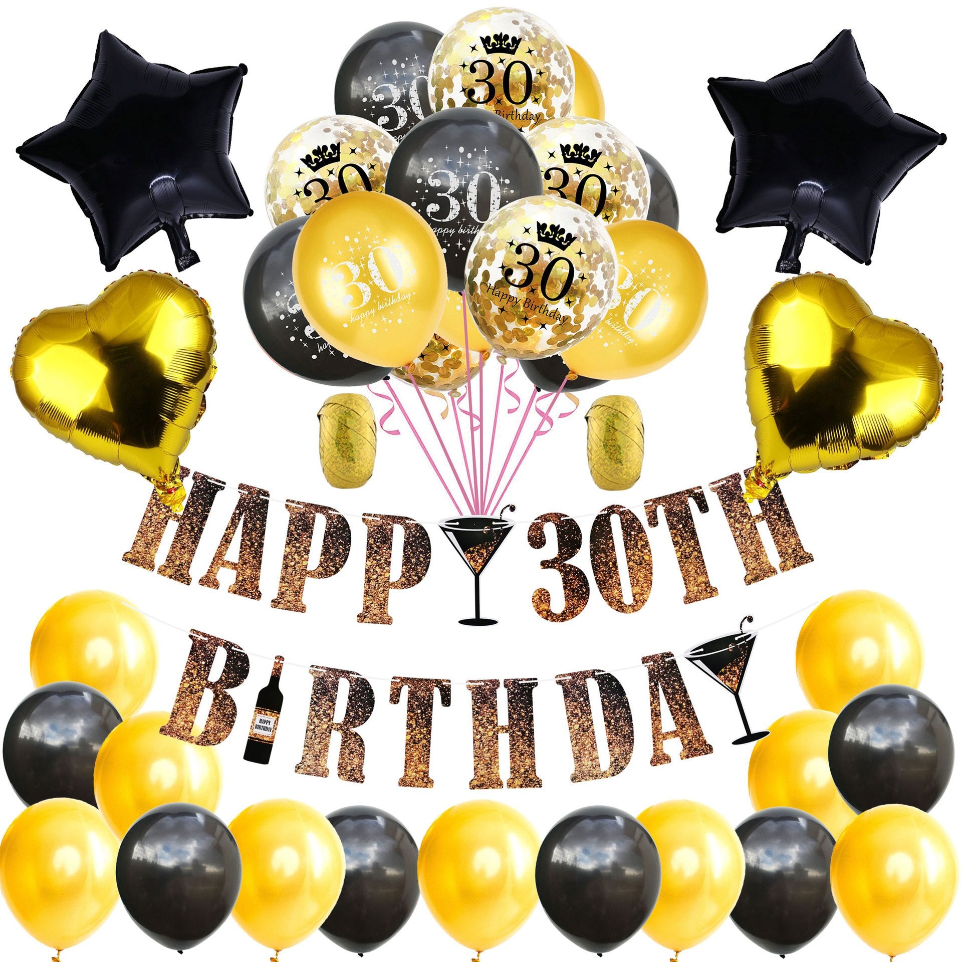 Gold Black Happy Birthday Banner Balloon Set Star Heart Foil st- th Boy Girl Men Women Decoration Inflatable Party Decorations