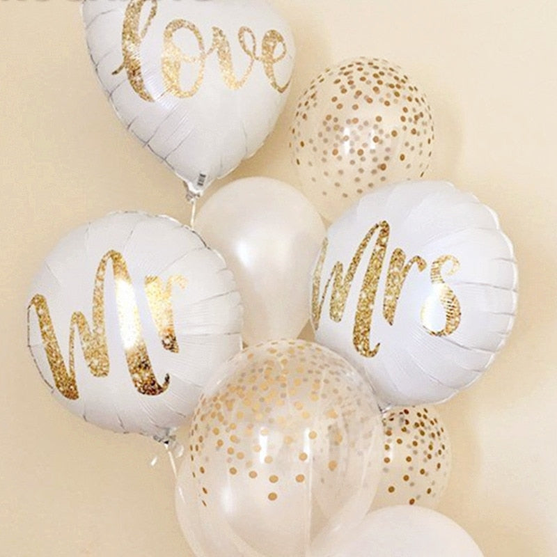 Set Round White Gold Glitter Print Mr&Mrs LOVE Foil Balloons Bride Marriage Valentine's Day Globos Wedding Party Decor 