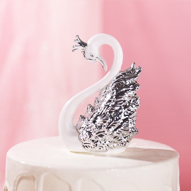 1 Pair Romantic Crown Swan Cake Topper Flamingo Cake Dessert Baking Decor Ornament Birthday Wedding Cake Decoration Supplies-PartyDecorHQ