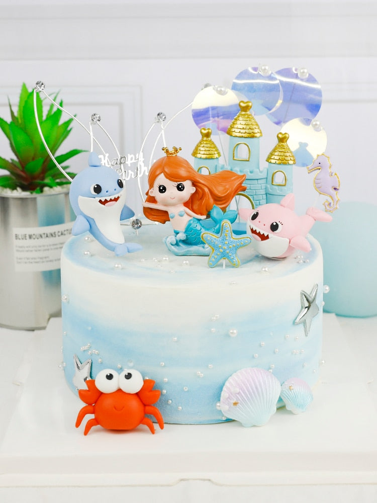 Happy Children Birthday Party Mermaid Decoration Supplies Underwater World DIY Handmade Acrylic Shark Card Plug-in Cake Toppers 