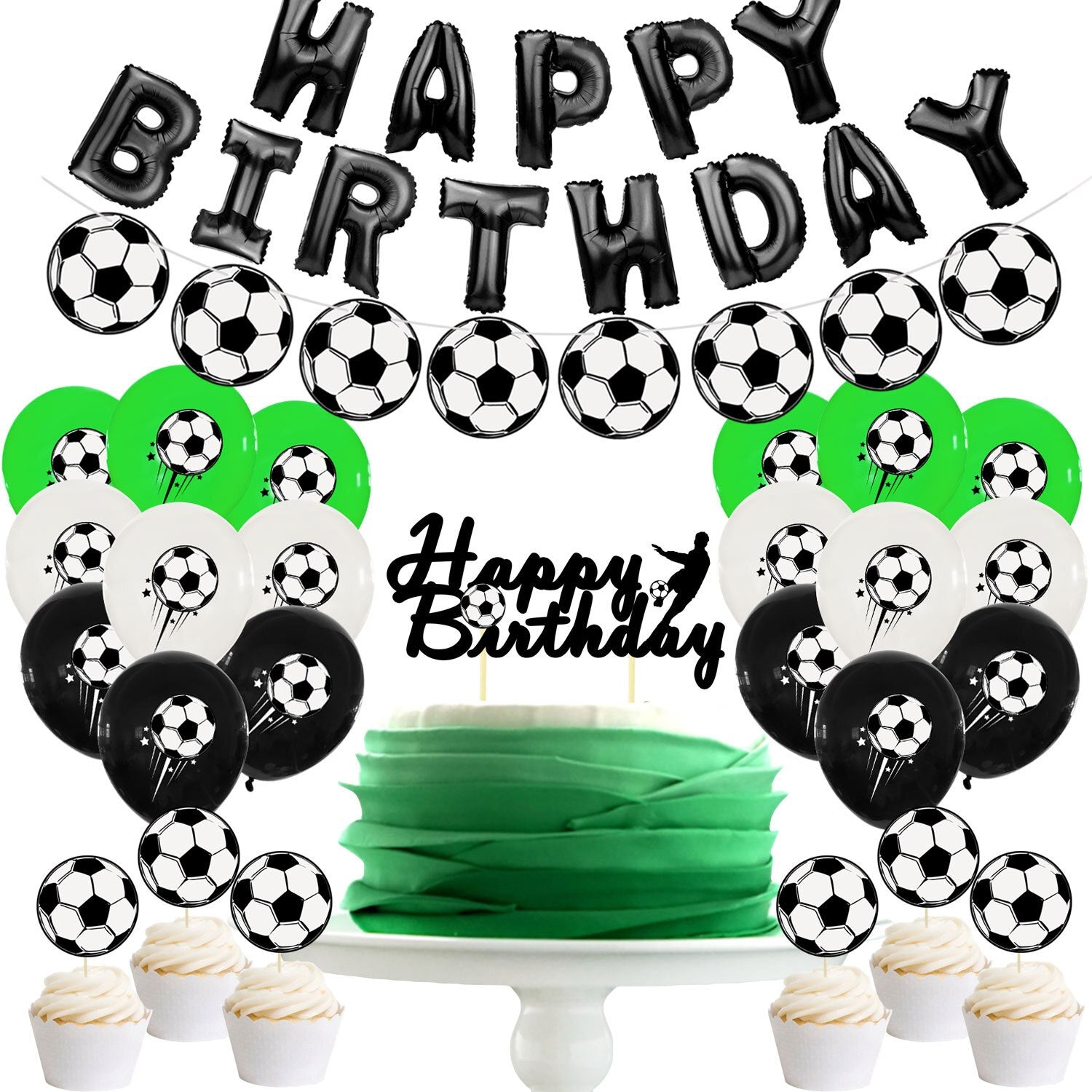 Green Black White Football Theme Party Decoration Boy Birthday Supplies Happy Banner Garland Cake Topper Inflatable Decorations