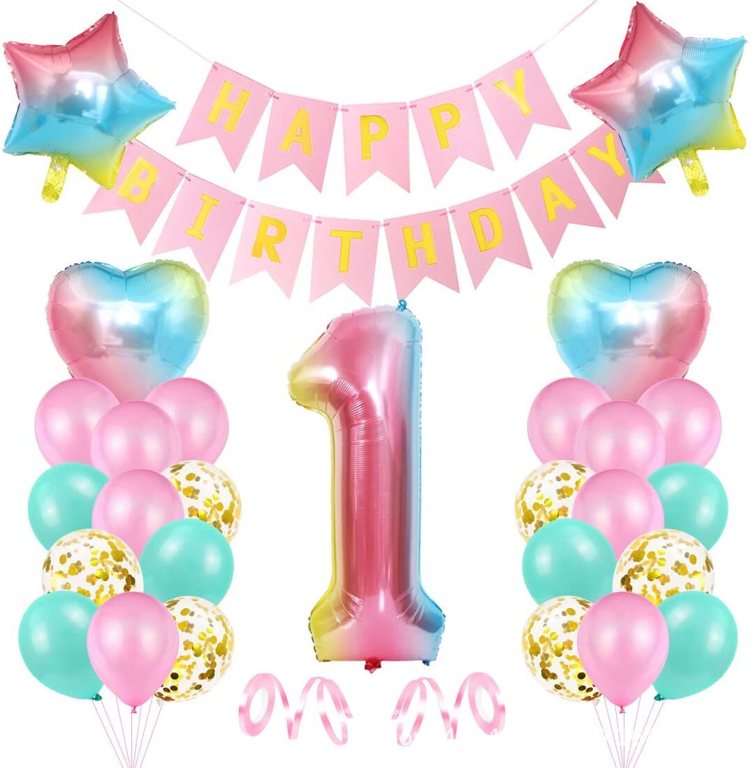 Gradient  Happy Birthday Balloon Set Decor 1-9 Years with Banner for Girls 1st 2nd 3rd Birthday Party Supplies Number Optional PartyDecorHQ