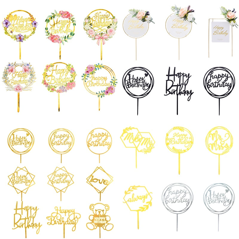 1pc Acrylic Cake Topper Gold Silver Black Floral Cupcake Toppers for Birthday Party Wedding Dessert Cake Decoration Supplies PartyDecorHQ