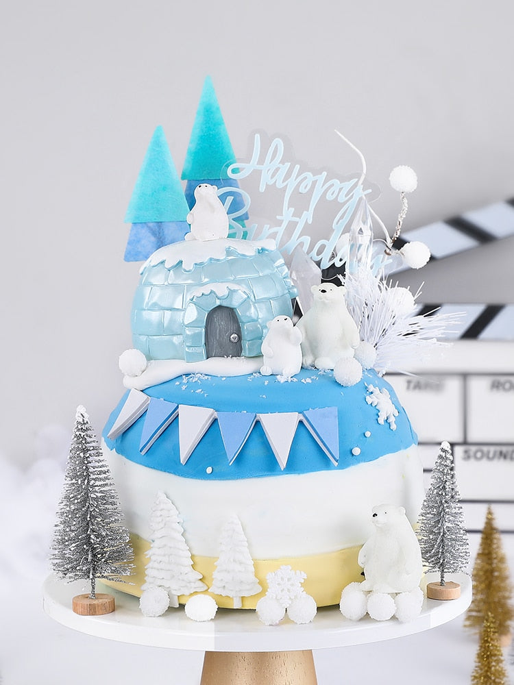 Polar Bear Theme Cake Topper Home Happy Birthday Merry Ice Snow Party Ornaments Dessert Baking Decorations Supplies 