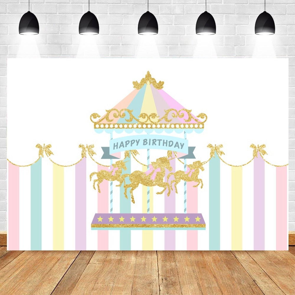 Happy Birthday Carousel Horse Photography Baby Party Decor Backdrop Photocall Background Photophone Photographic Photo Studio 