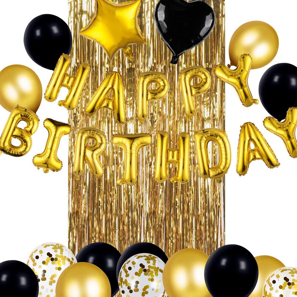 Black Gold Birthday Balloon Set Happy Foil Fringe Curtain Boy Men Baby Party Decoration 