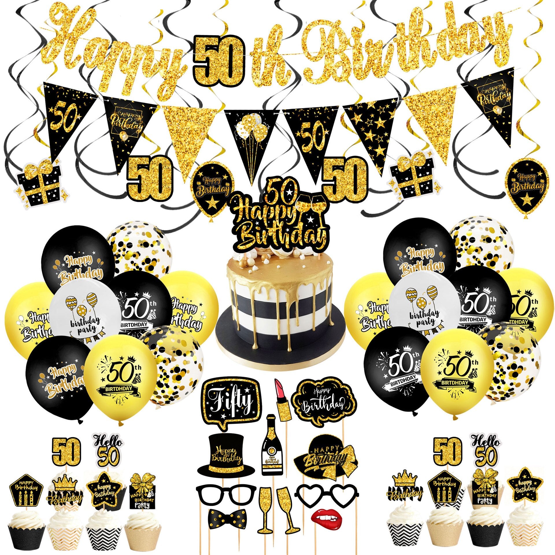 Birthday Balloon Arch Kit Back Gold Glitter Banner Photo Props CakeTopper Men Women th Party Decoration 