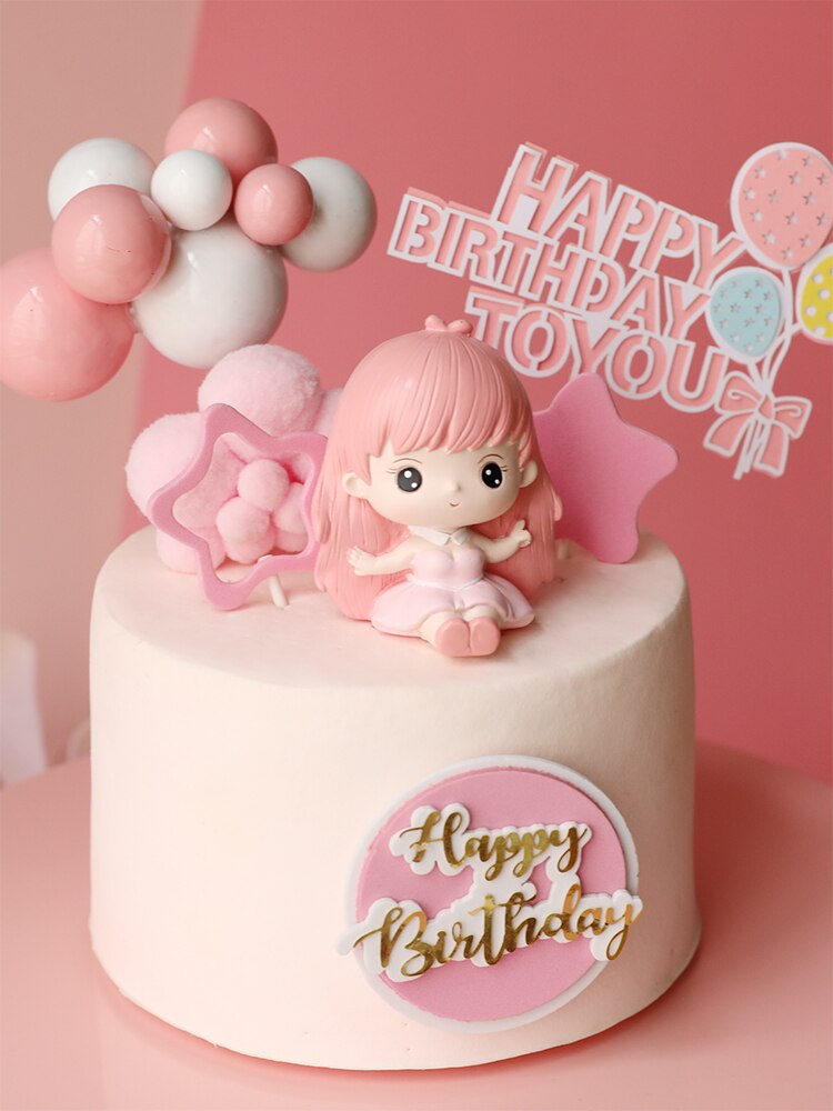 Pink Cartoon Girls Happy Birthday Cake Decoration Kid Baby Party Celebrate Lovely Gifts Dessert Topper Supplies 