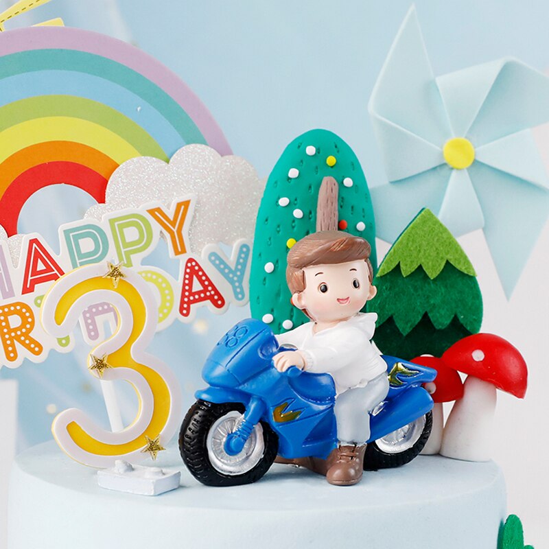 Motorcycle Boy Girl Cake Topper Used Birthday Party Decoration Supplies Rainbow Mushroom Tree Baby Shower Dessert Flags 