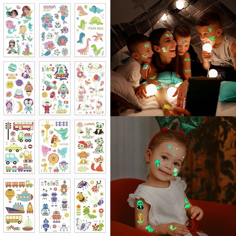 10pcs Luminous Tattoo Temporary Unicorn Mermaid Animals Dinosaur Tattoo on Face Arm Leg Children Cute Glowing Body Art Sticker PartyDecorHQ