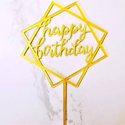 Happy Birthday Love Flag Cake Topper Acrylic Letter Gold Silver Top Decoration Party Wedding Supplies 